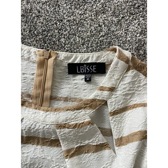 Lbisse Dress Size Medium Sleeveless Fitted Peeka Boo Cutouts White Beige Stripe - Picture 4 of 9